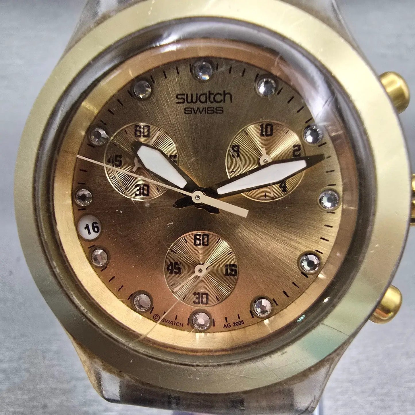 Swatch Irony Diaphone Full Blooded Chrono Watch Unisex 43mm Gold Tone New Batt1