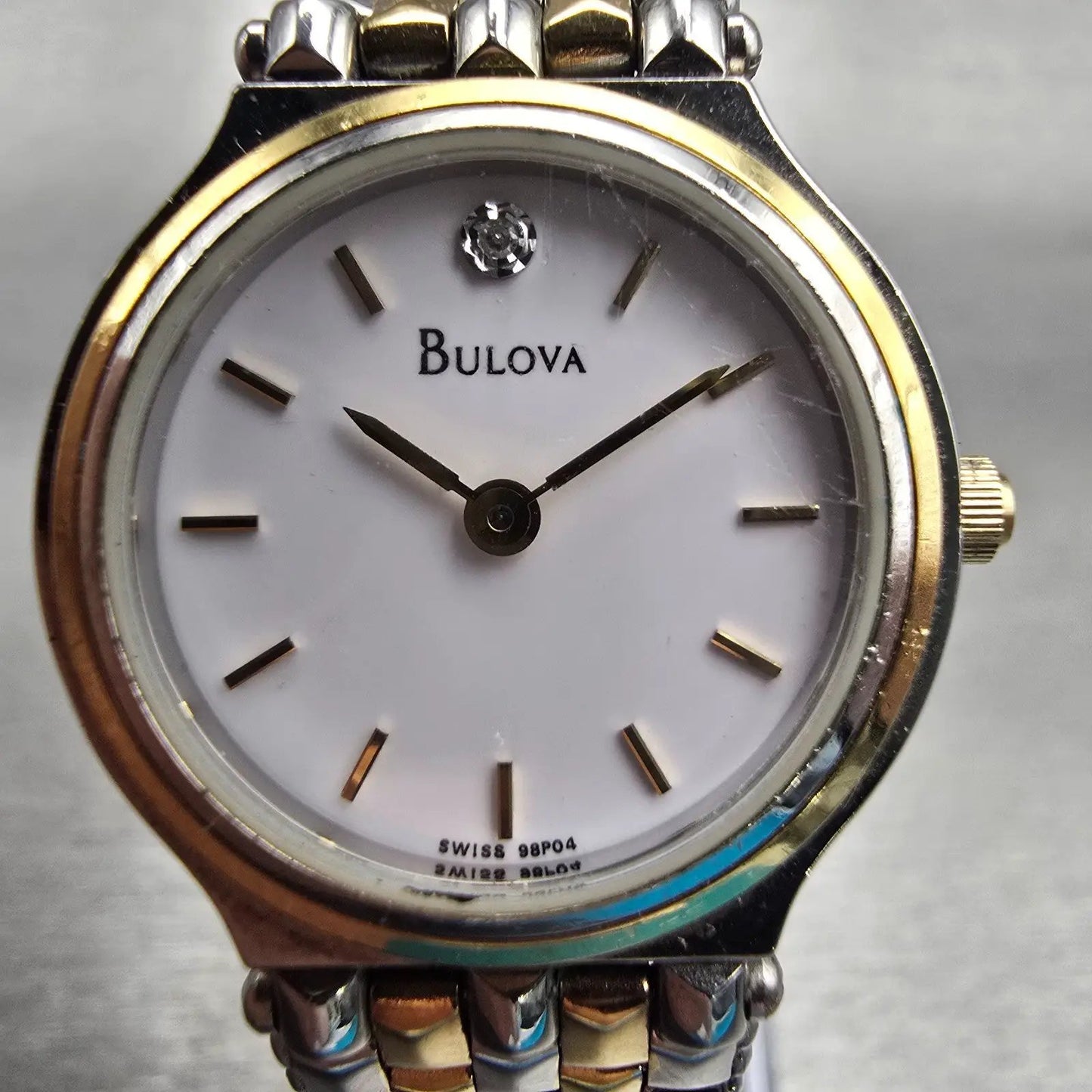 Bulova Watch Women 24mm White Dial Two Tone Diamond Accent Round 98P04 New Batt1
