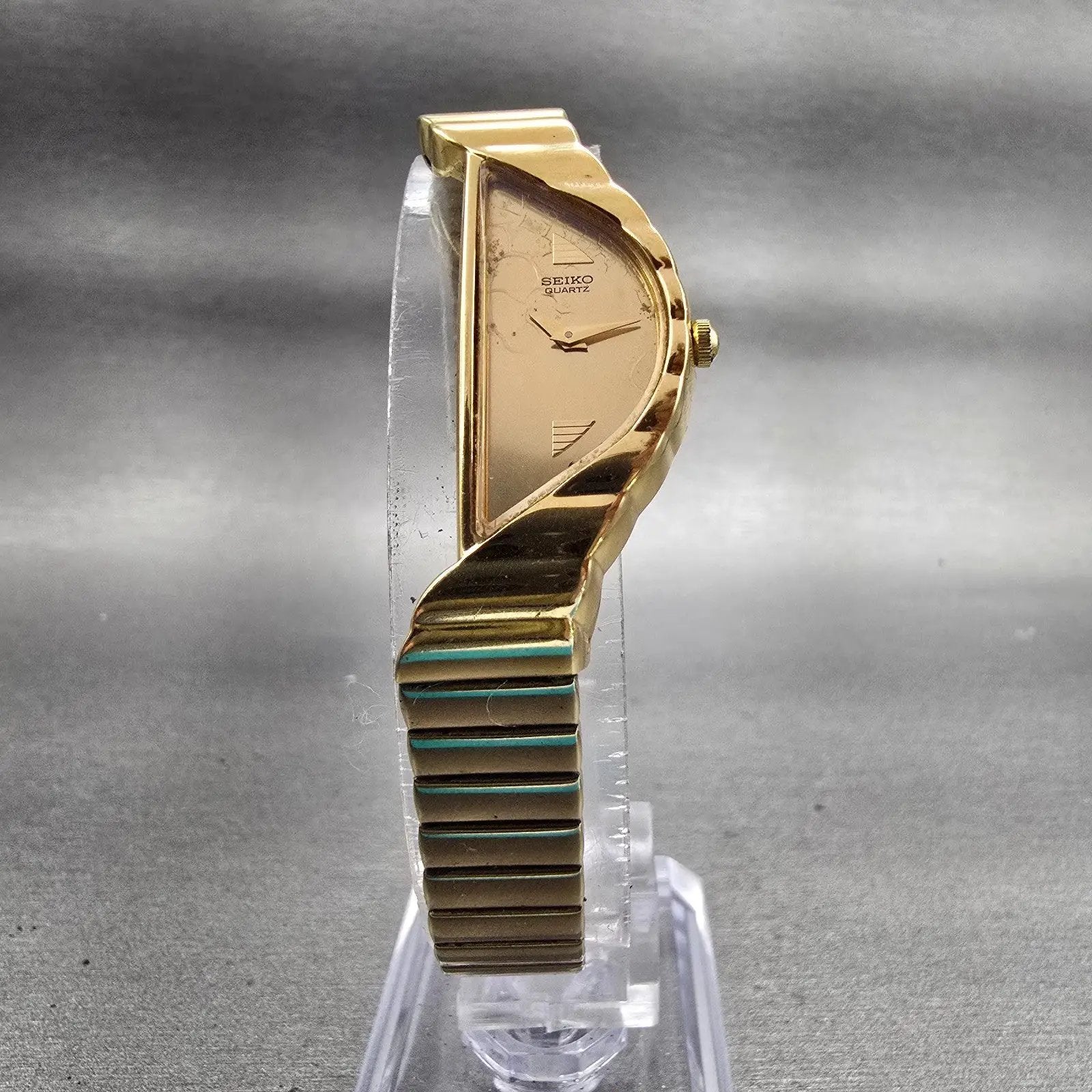 Seiko Watch Women 15mm Gold Dial Gold Tone Asymmetrical 1F20-5D59 New Battery5