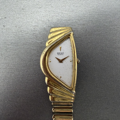 Seiko Half Moon Watch Women 20mm White Dial Gold Tone 1N00-5E09 PARTS0