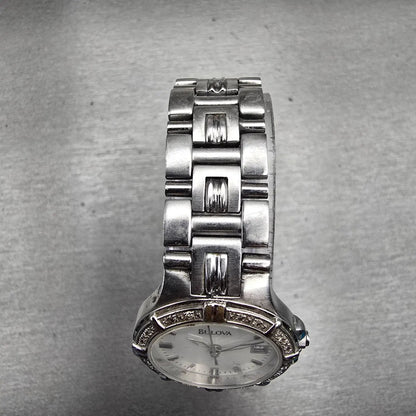 Bulova Watch Women 25mm White Dial Silver Tone Date Gemmed 96R04 New Battery4