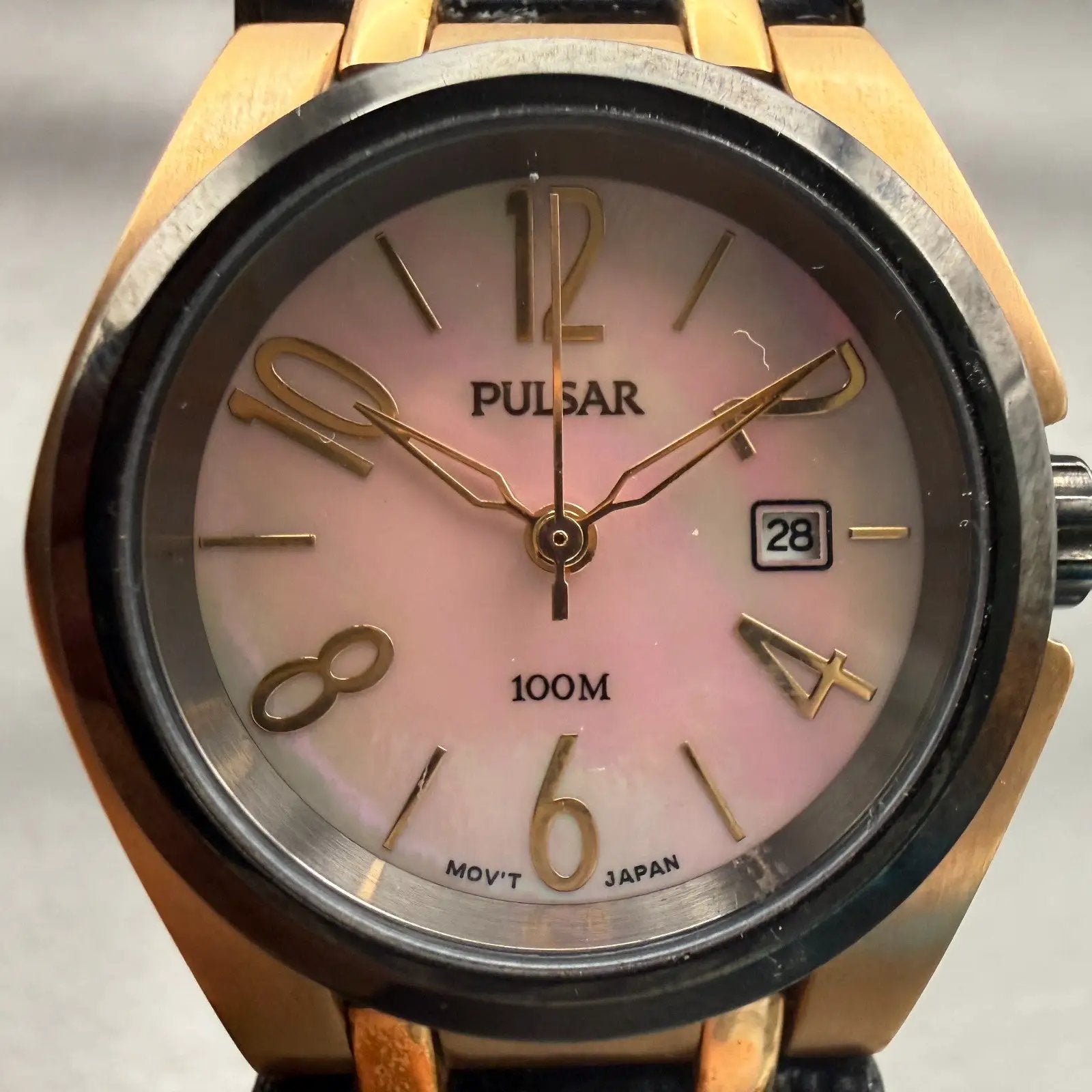 Seiko Pulsar Watch Women 29mm MOP Dial Two Tone Date Round VX32-X392 New Battery1