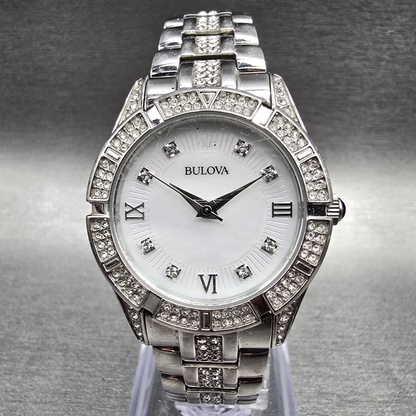 Bulova Watch Women 30mm MOP Dial Silver Tone Crystals Round 96L116 New Battery0