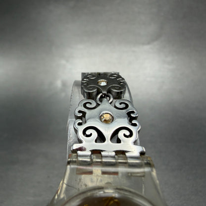 Swatch Crystal Lace Watch Women 25mm White Dial Clear Case Round New Battery4
