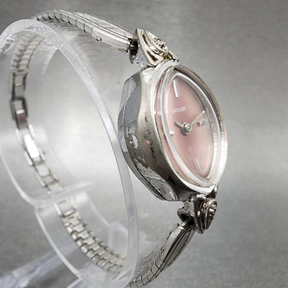 VTG Baylor Watch Women 17mm Pink Dial Silver Tone Oval Manual Wind Runs