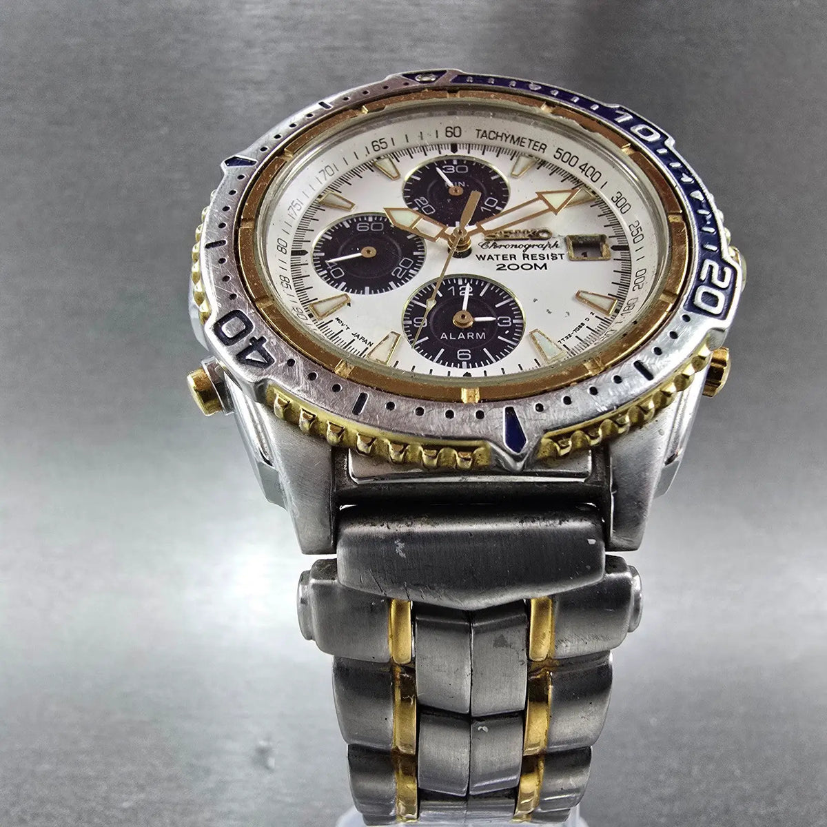 Seiko Chronograph Watch Men 41mm White Dial Two Tone Date READ!! 7T32-7E49 Diver6