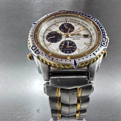 Seiko Chronograph Watch Men 41mm White Dial Two Tone Date READ!! 7T32-7E49 Diver6
