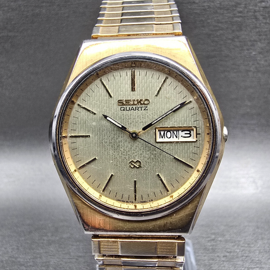 Seiko SQ Watch Men 35mm Champagne Dial Gold Daydate 8123-7049 New Battery VTG0
