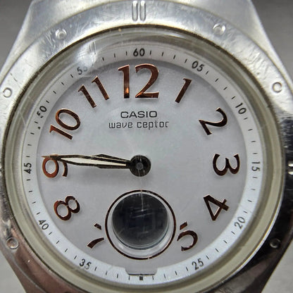Casio Wave Ceptor Watch Women 35mm White Dial Silver Tone Analog Digital Works P1