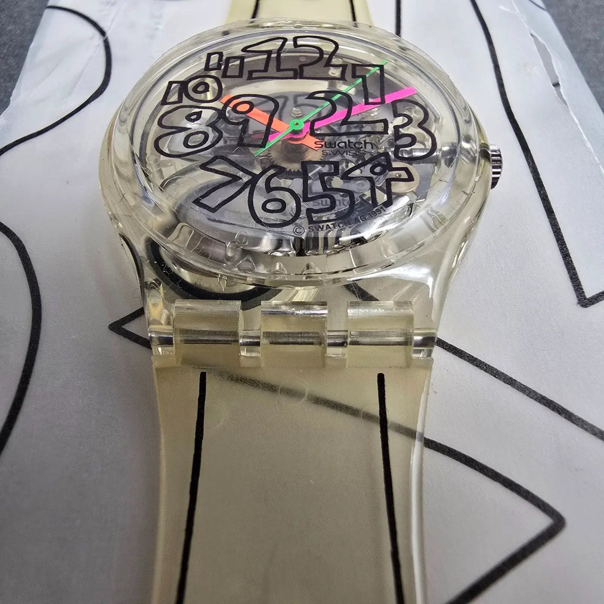 Swatch Scribble Watch Men 34mm Skeleton Dial Clear Case GZ124 New Battery NOS4