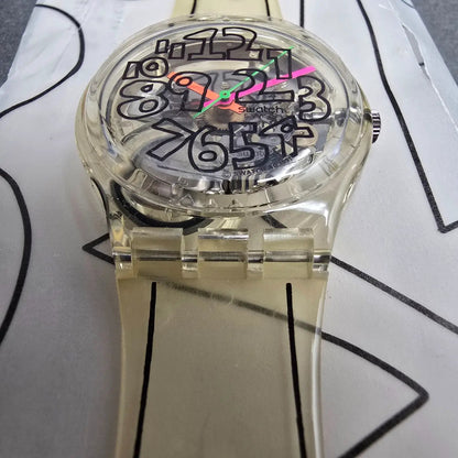 Swatch Scribble Watch Men 34mm Skeleton Dial Clear Case GZ124 New Battery NOS4