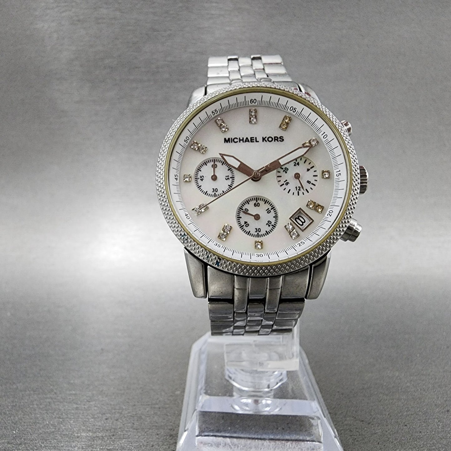Michael Kors Ritz Chronograph Watch Women 37mm MOP Dial Steel Round New Battery5