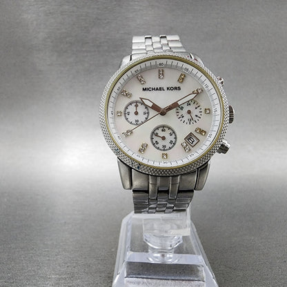 Michael Kors Ritz Chronograph Watch Women 37mm MOP Dial Steel Round New Battery5