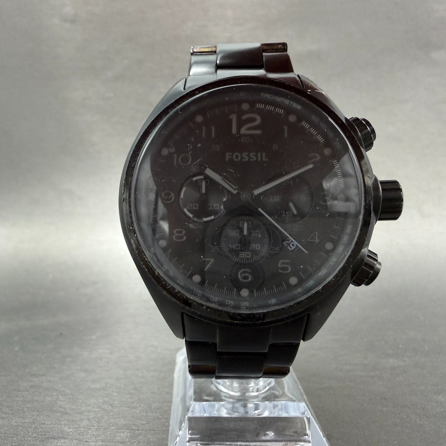 Fossil Flight Chrono Watch Men 46mm Black Dial Black Tone Date Round New Battery5