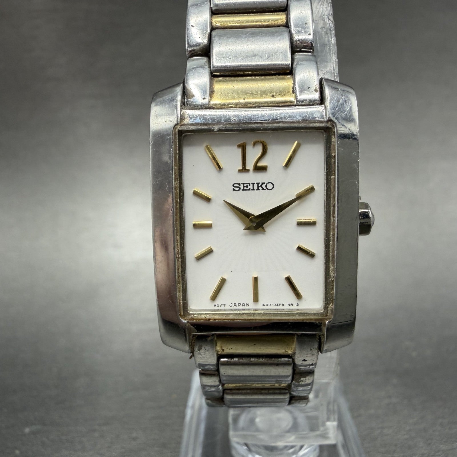 Seiko Tank Watch Women 21mm White Dial Two Tone Rectangle 1N00-0RT0 New Battery0