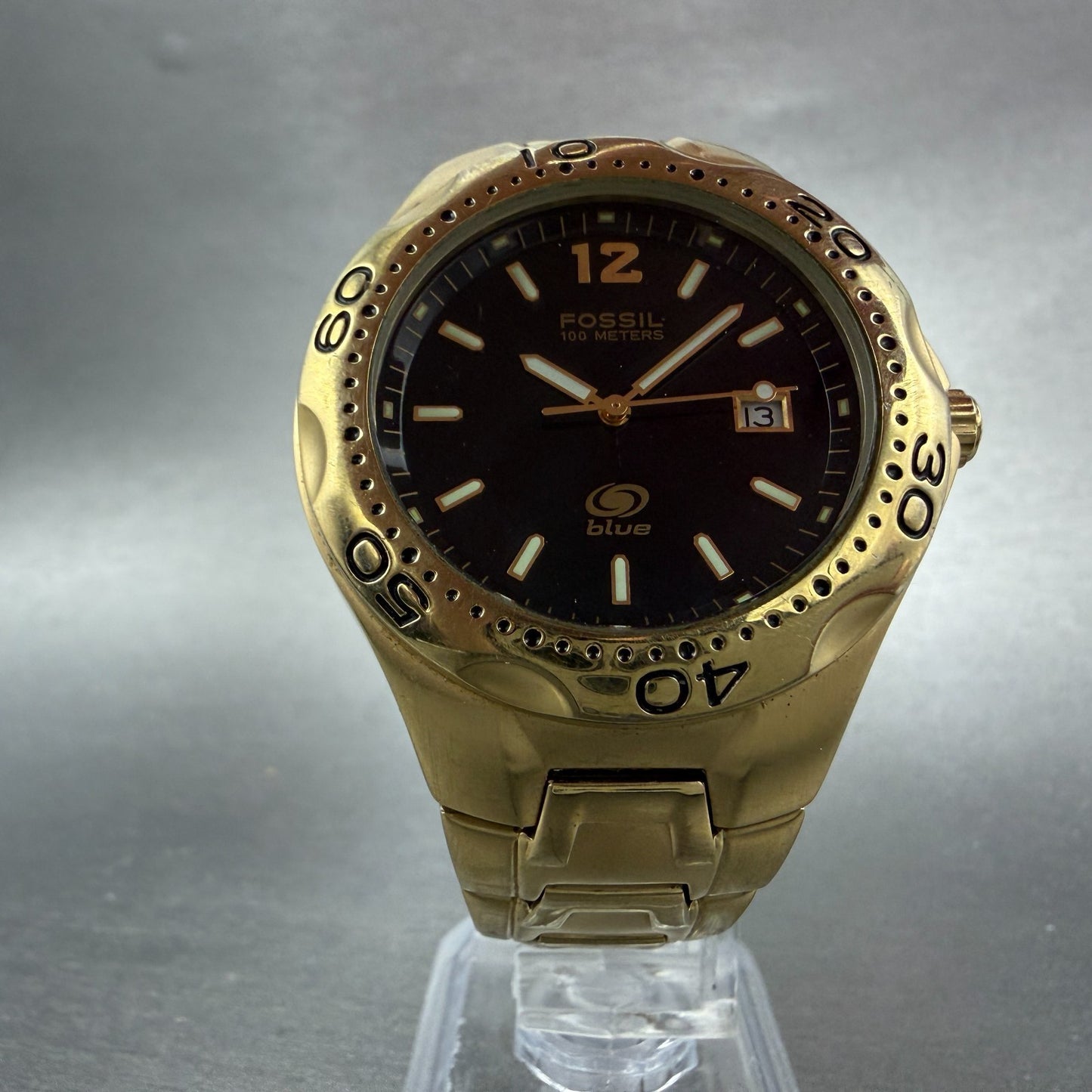 Fossil Dive Watch Men 40mm Black Dial Gold Tone Date Round AM-3542 New Battery5