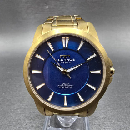 Technos Solar Watch Men 38mm Blue Dial Gold Tone Titanium Round T9A94 Runs1