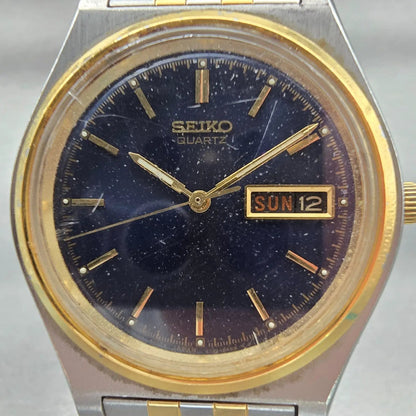 Seiko Watch Men 37mm Blue Dial Two Tone Daydate Round V743-8A20 New Battery VTG1