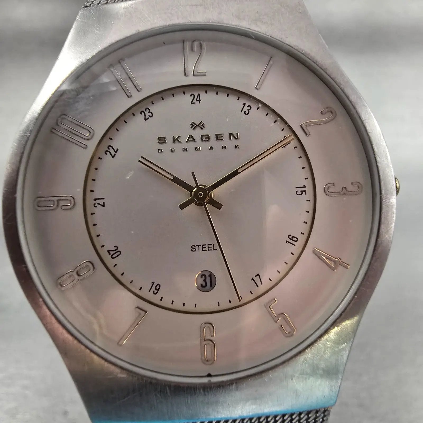 Skagen Steel Watch Men 36mm White Dial Silver Tone Date Round 233XLSGS New Batt1