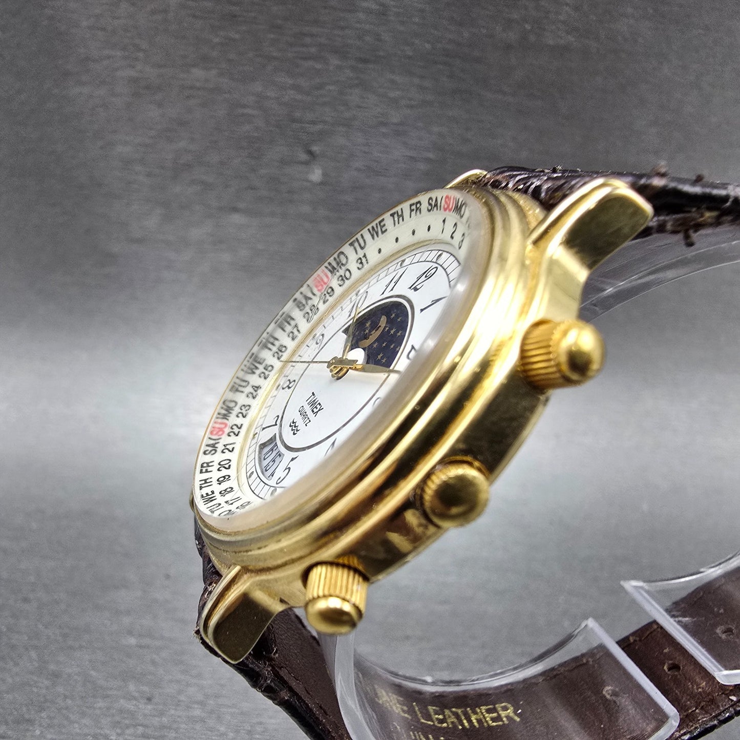 Timex Sun&Moon Watch Men 37mm White Dial Gold Tone Daydate Round New Battery2