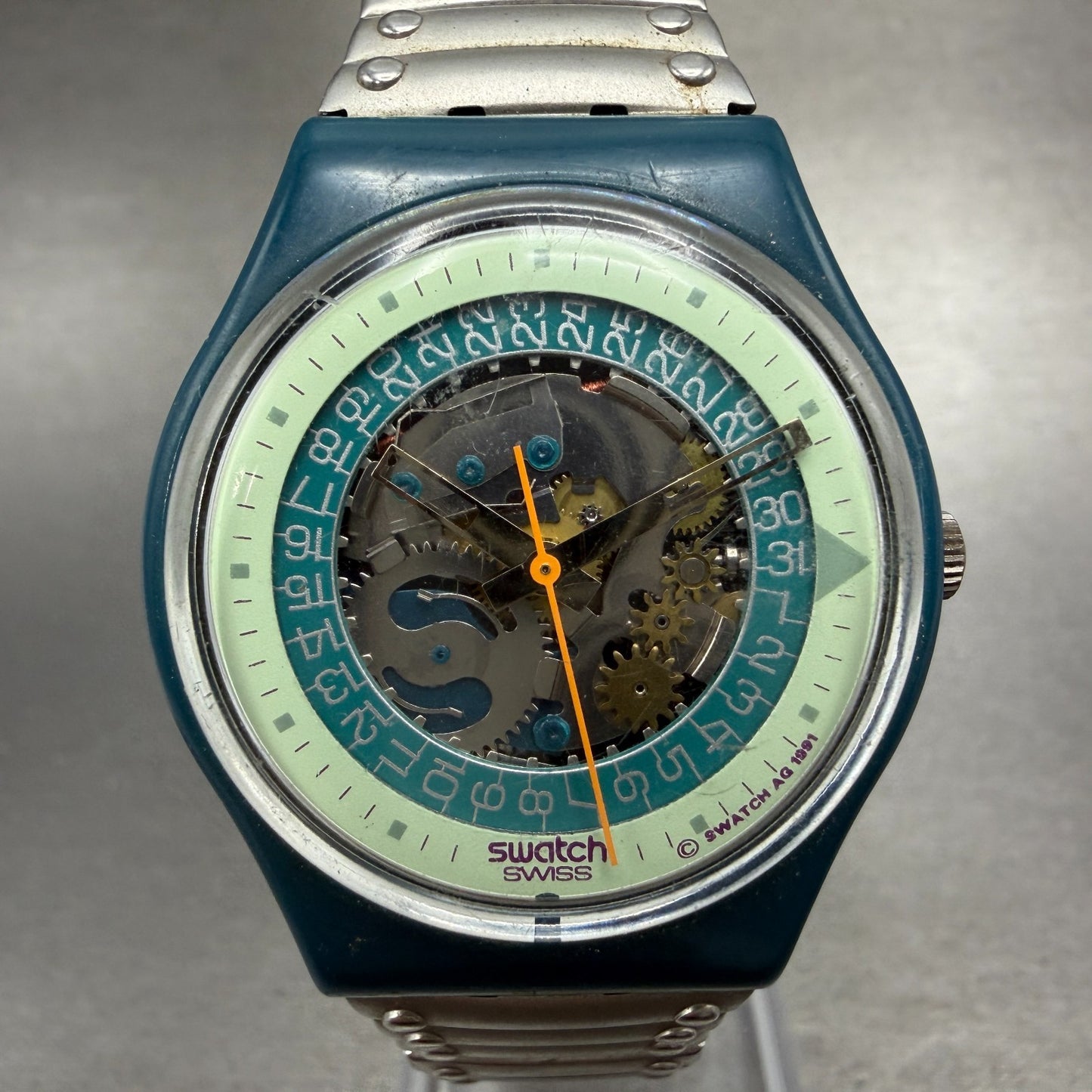Swatch Steel Lite Watch Men 34mm Skeleton Dial Blue Tone Round New Batt0