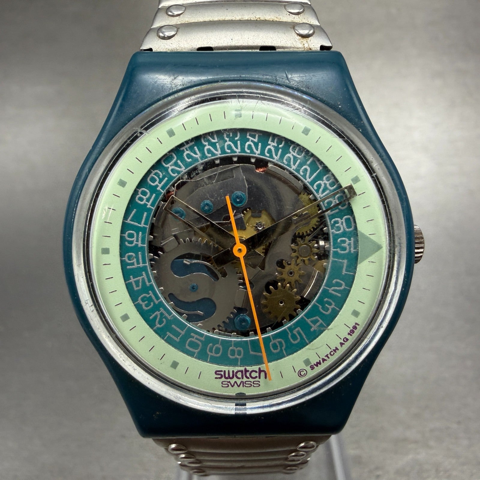 Swatch Steel Lite Watch Men 34mm Skeleton Dial Blue Tone Round New Batt0