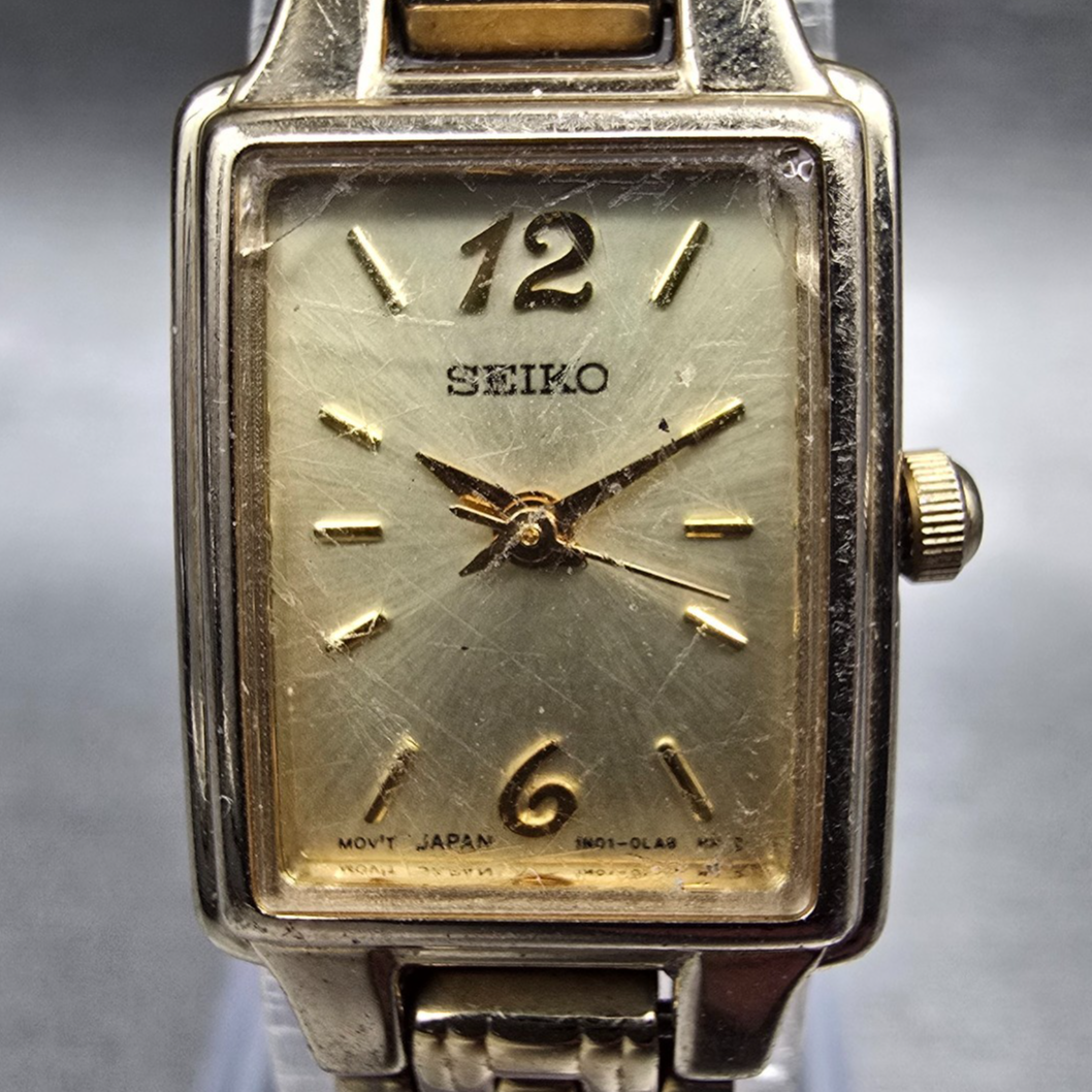 Seiko Watch Women 16mm Gold Dial Gold Tone Rectangle 1N01-0FH0 New Battery JP341
