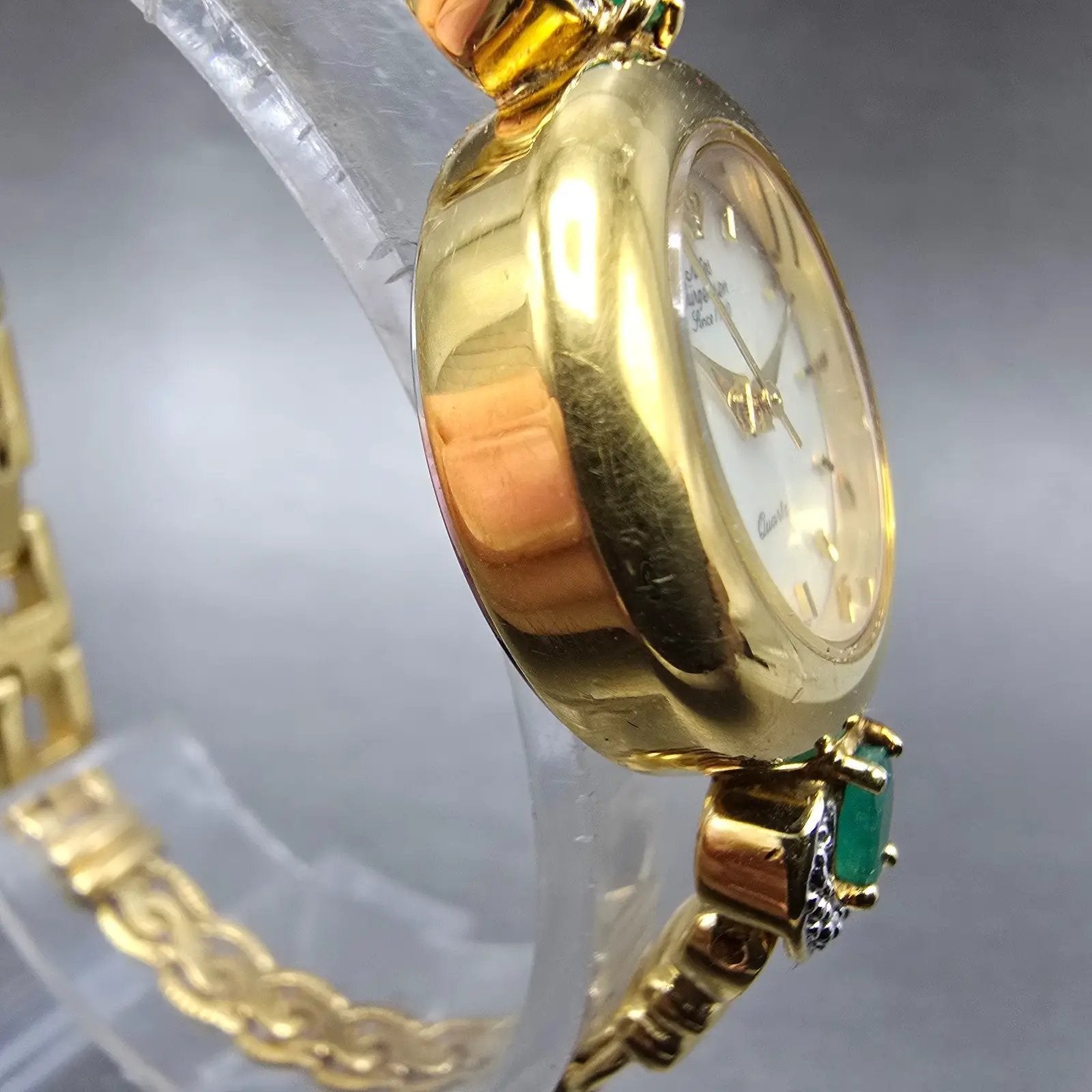 Jules Jurgenson Watch Women 22mm MOP Dial Gold Gem Set Round New Battery3