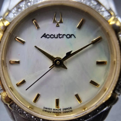 Bulova Accutron Watch Women 26mm MOP Dial Two Tone Diamonds New Batt 28R061