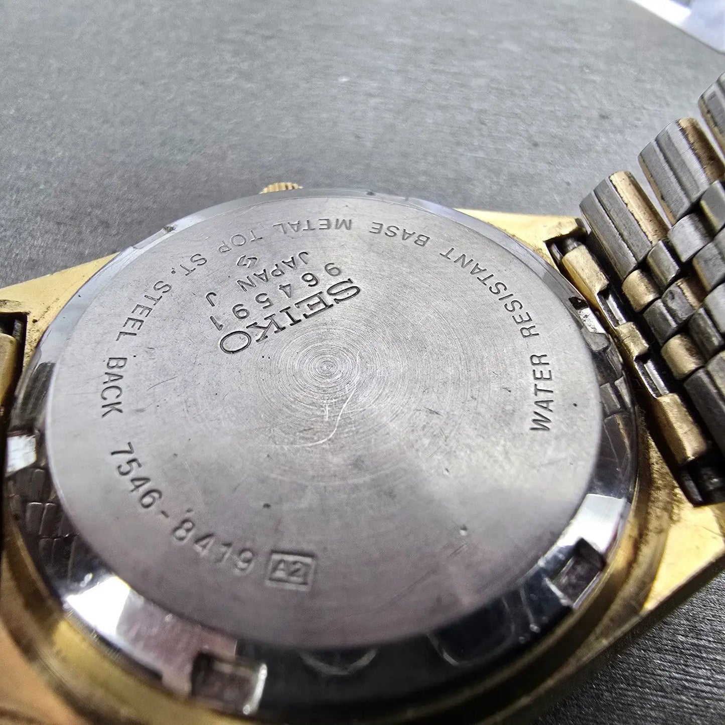 Seiko SQ Watch Men 36mm Black Dial Gold Tone Daydate Round 7546-8419 PARTS11
