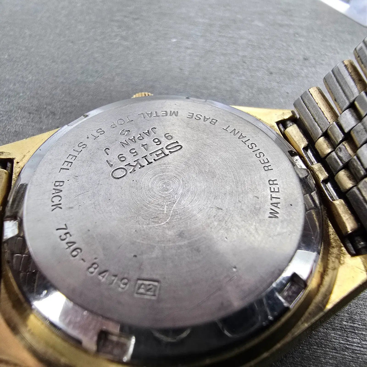 Seiko SQ Watch Men 36mm Black Dial Gold Tone Daydate Round 7546-8419 PARTS11