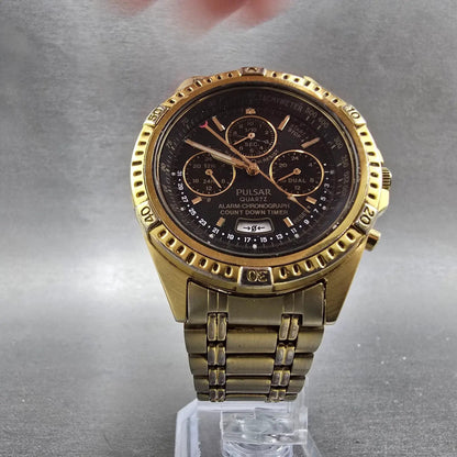 Seiko Pulsar Watch Men 40mm Black Dial Gold Tone Alarm Chronograph N944 PARTS6