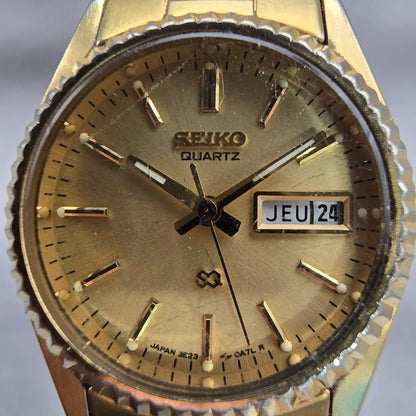 Seiko SQ Watch Women 24mm Gold Dial Gold Tone Daydate Round 3E23-0A60 New Batt G1