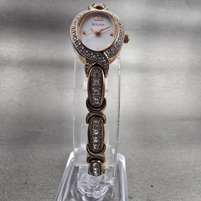 Bulova Watch Women 17mm MOP Dial Rose Gold Tone Gemmed Oval 98L200 New Battery5