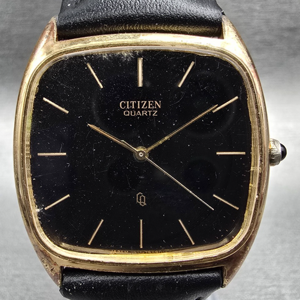 Citizen CQ Watch Men 32mm Black Dial Gold Tone Rectangle 4-795547 New Battery1