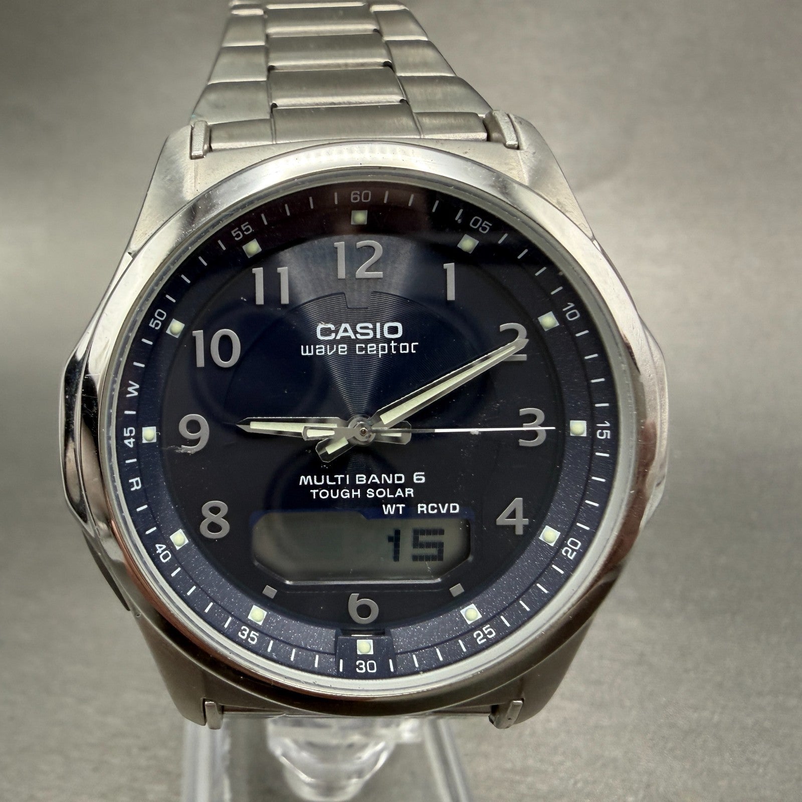 Casio Wave Ceptor Watch Men 42mm Blue Dial Steel Solar Analog Digital Works ABC0