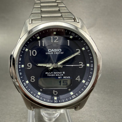 Casio Wave Ceptor Watch Men 42mm Blue Dial Steel Solar Analog Digital Works ABC0