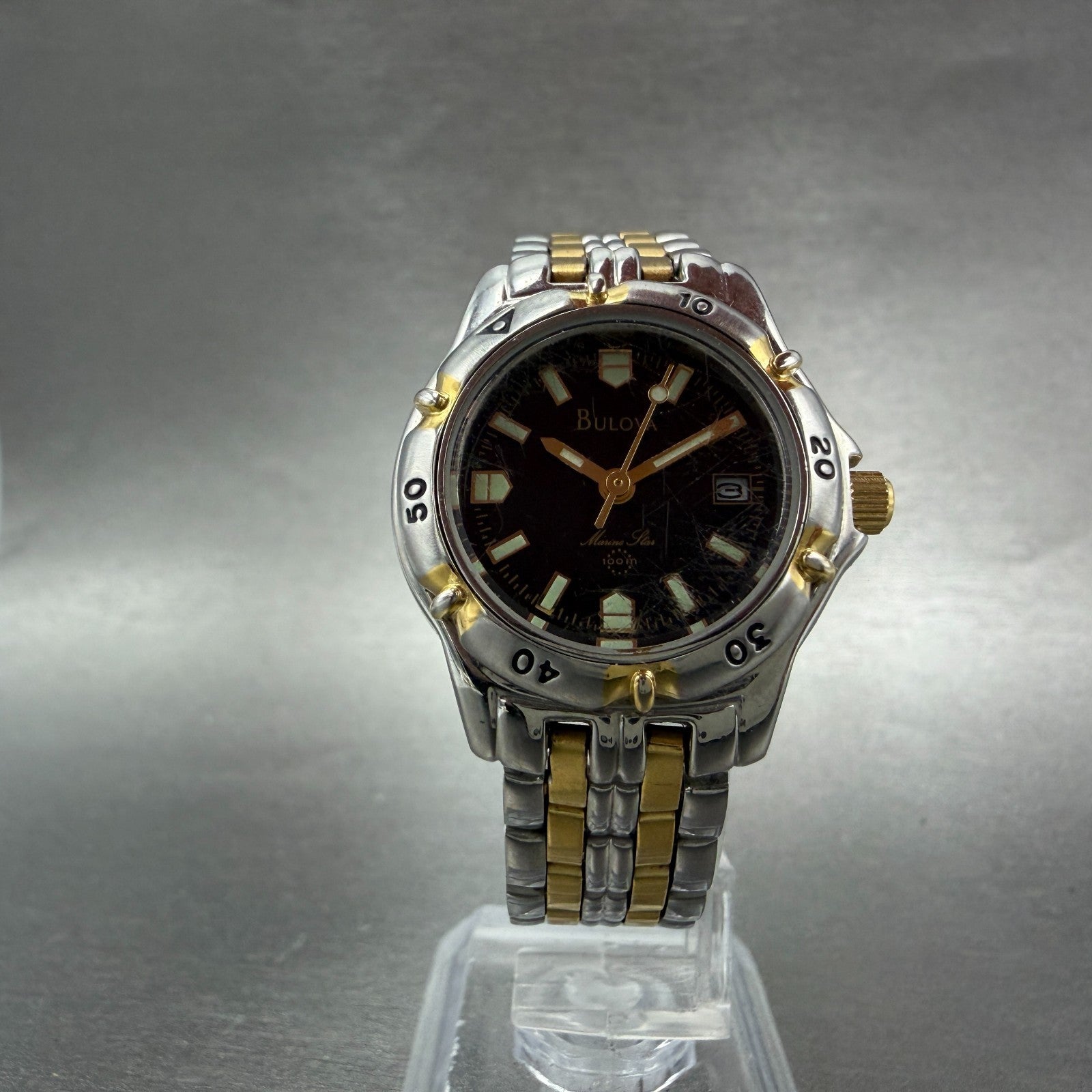 Bulova Marine Star Dive Watch Women 28mm Black Dial Two Tone Date Round New batt5