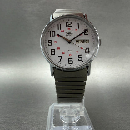 Timex Easy Reader Watch Men 33mm White Dial Silver Tone Round Daydate New Batt5