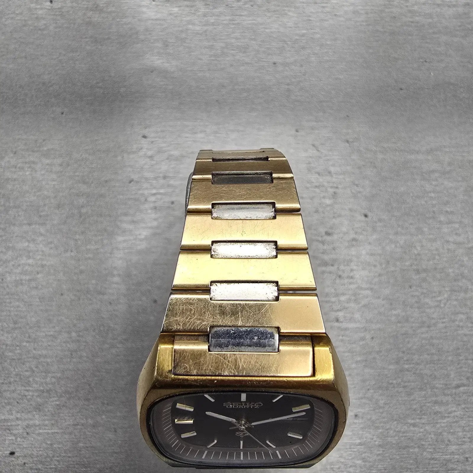 Seiko SQ Watch Men 36mm Brown Dial Gold Tone Daydate Rectangle 7546-5069 New Bat4