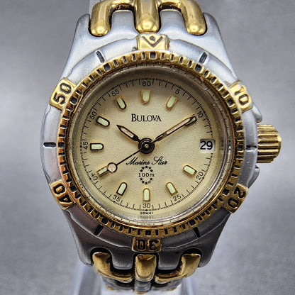 Bulova Marine Star Dive Watch Men 25mm Cream Dial Two Tone Date Round New batt