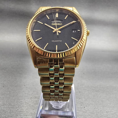 Seiko President Watch Men 36mm Black Dial Gold Tone Daydate 7N43-8111 New Batt5