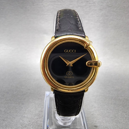 Gucci 3600L Watch Women 25mm Black Dial Gold Plated Round Leather New Battery0