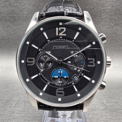 Fossil Chronograph Watch Men 46mm Black Dial Silver Tone Date FS-4387 New Batt0