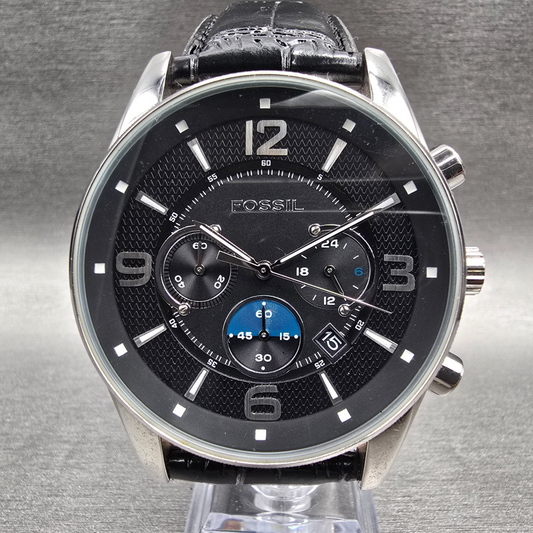Fossil Chronograph Watch Men 46mm Black Dial Silver Tone Date FS-4387 New Batt0