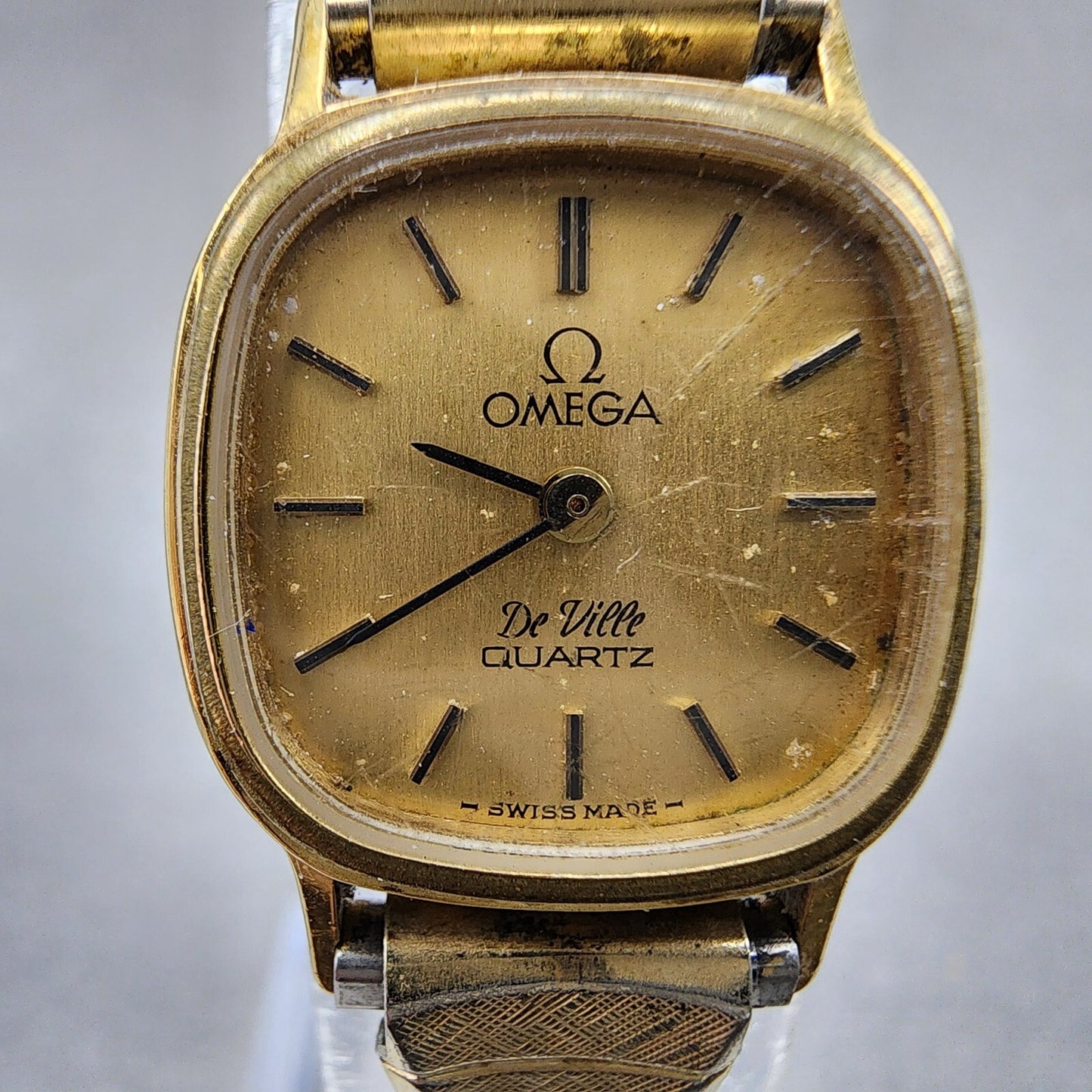 Omega De Ville Watch Women 19mm Gold Dial Gold Plated Rectangle Cal 1353 PARTS2