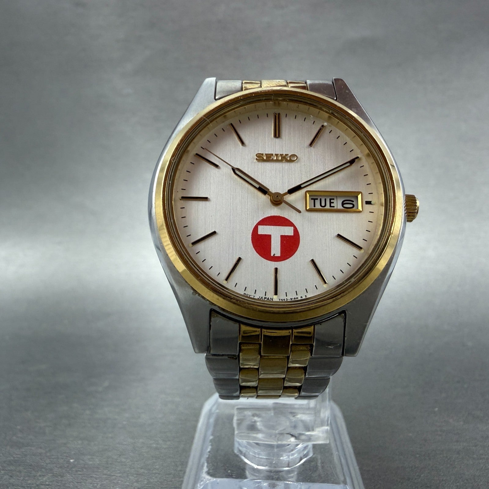 Seiko Watch Men 37mm Silver Dial Two Tone Daydate Round 7N43-9048 New Battery IK5