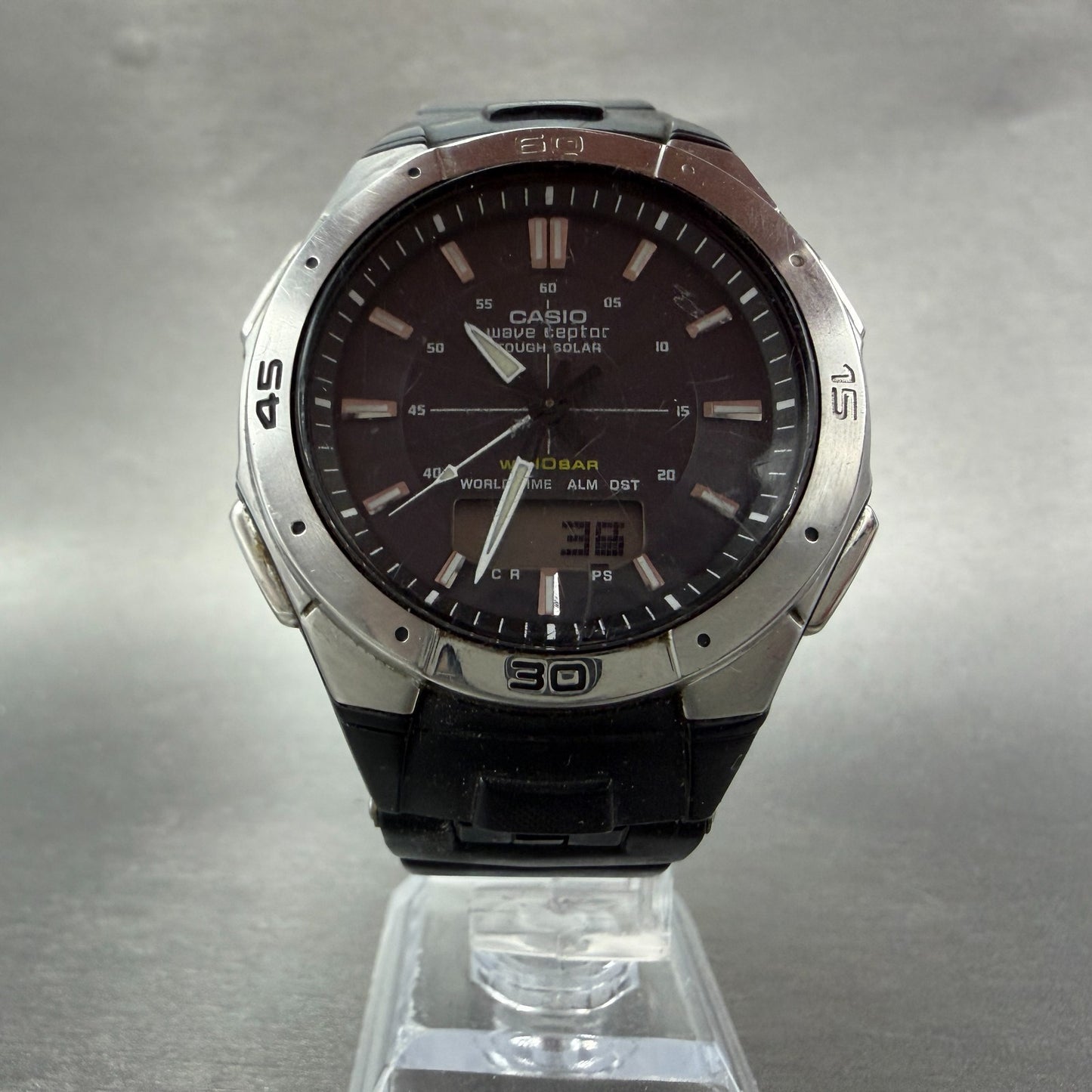 Casio Wave Ceptor Watch Men 42mm Black Dial Silver Tone Analog Digital Solar Run5
