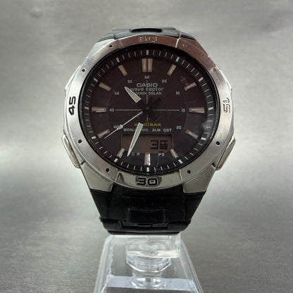 Casio Wave Ceptor Watch Men 42mm Black Dial Silver Tone Analog Digital Solar Run5