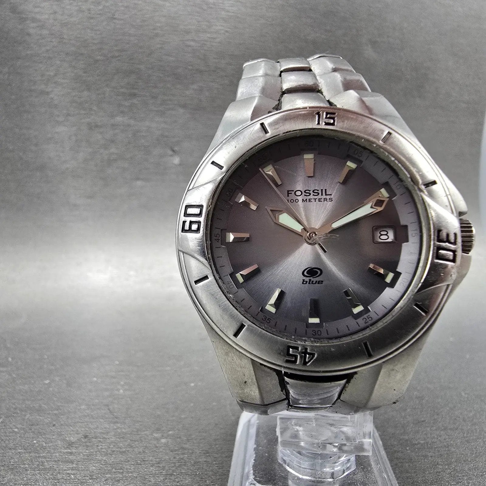 Fossil Blue Dive Watch Men 40mm Silver Dial Silver Tone Date AM-3723 New Battery5